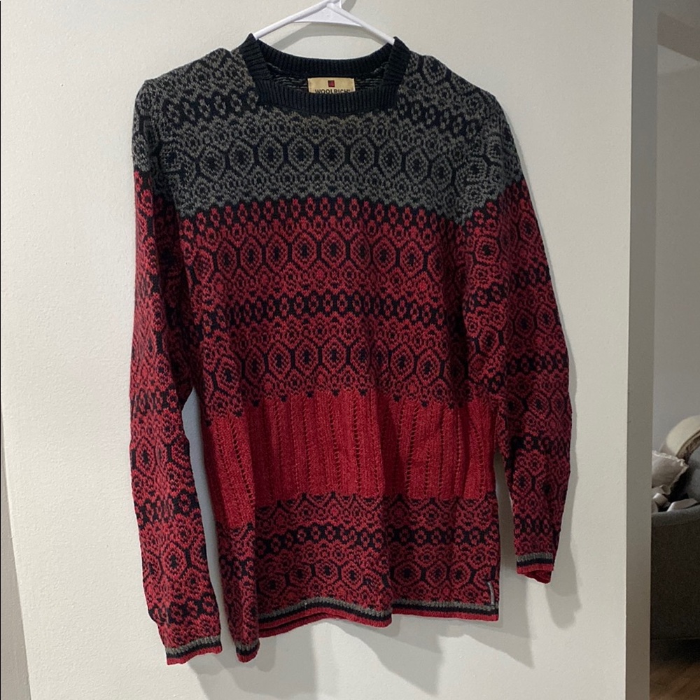 Woolrich Red, Gray, and Black Cardigan with Geometric Nordic Pattern